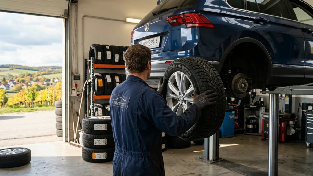 Mechaniker montiert einen Winterreifen an einem Auto in der Werkstatt